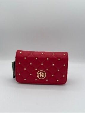 Badgley Mischka Red Quilted Studded Clutch with Gold Logo